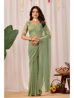 Nyri - Womens Green Georgette Saree with Unstitched Blouse