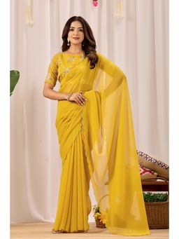 Nyri - Womens Yellow Georgette Saree with Unstitched Blouse