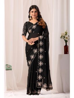 Nyri - Womens Black Chiffon Saree with Unstitched Blouse