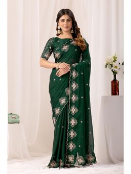 Nyri - Womens Green Chiffon Saree with Unstitched Blouse