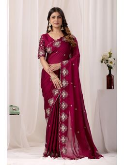 Nyri - Womens Pink Chiffon Saree with Unstitched Blouse