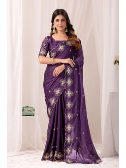 Nyri - Womens Purple Chiffon Saree with Unstitched Blouse