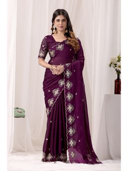 Nyri - Womens Wine Chiffon Saree with Unstitched Blouse