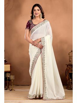 Nyri - Womens White Georgette Saree with Unstitched Blouse