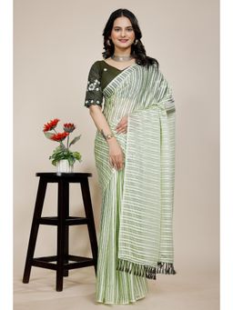 Nyri - Womens Olive Chiffon Saree with Unstitched Blouse