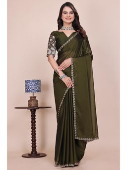 Nyri - Womens Olive Chiffon Saree with Unstitched Blouse