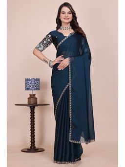 Nyri - Womens Teal Chiffon Saree with Unstitched Blouse