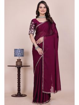 Nyri - Womens Wine Chiffon Saree with Unstitched Blouse