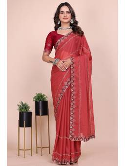 Nyri - Womens Orange Georgette Saree with Unstitched Blouse