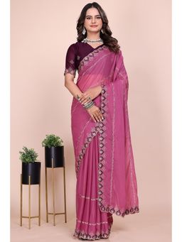 Nyri - Womens Pink Georgette Saree with Unstitched Blouse