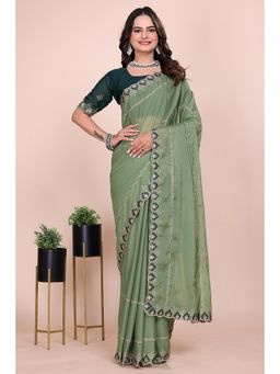 Nyri - Womens Green Georgette Saree with Unstitched Blouse