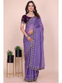 Nyri - Womens Purple Georgette Saree with Unstitched Blouse