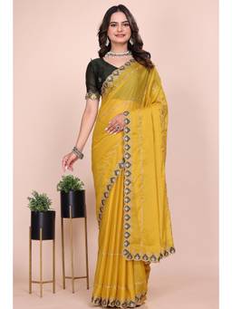 Nyri - Womens Yellow Georgette Saree with Unstitched Blouse
