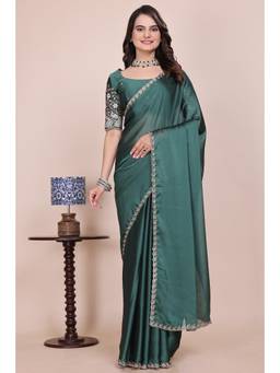 Nyri - Womens Green Chiffon Saree with Unstitched Blouse