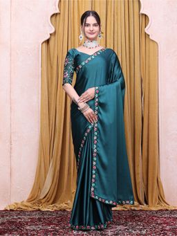 Nyri - Womens Teal Satin Saree with Unstitched Blouse