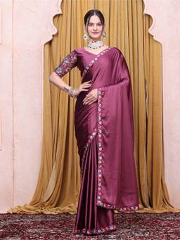 Nyri - Womens Maroon Satin Saree with Unstitched Blouse
