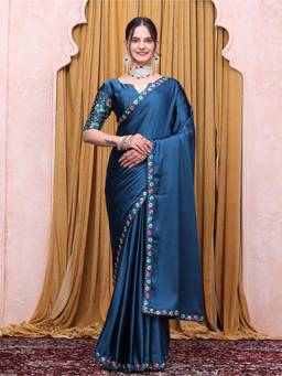 Nyri - Womens Blue Satin Saree with Unstitched Blouse