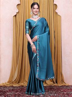 Nyri - Womens Teal Satin Saree with Unstitched Blouse