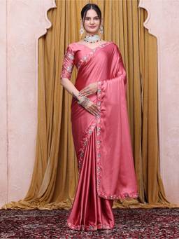 Nyri - Womens Peach Satin Saree with Unstitched Blouse