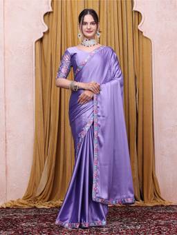 Nyri - Womens Lavender Satin Saree with Unstitched Blouse