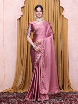 Nyri - Womens Pink Satin Saree with Unstitched Blouse