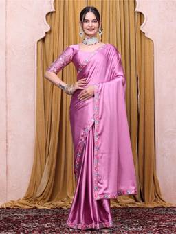 Nyri - Womens Pink Satin Saree with Unstitched Blouse