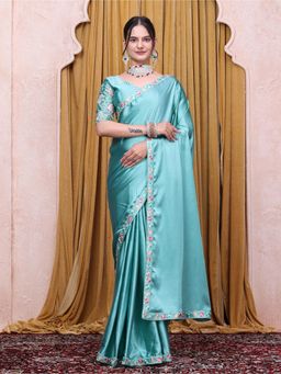 Nyri - Womens Blue Satin Saree with Unstitched Blouse