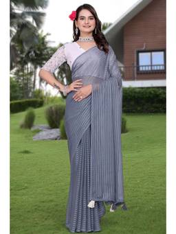 Nyri - Womens Grey Georgette Saree with Unstitched Blouse
