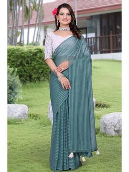 Nyri - Womens Teal Georgette Saree with Unstitched Blouse