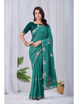 Nyri - Womens Teal Chiffon Saree with Unstitched Blouse