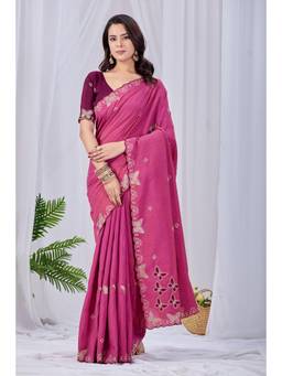 Nyri - Womens Pink Chiffon Saree with Unstitched Blouse