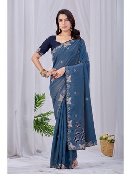 Nyri - Womens Blue Chiffon Saree with Unstitched Blouse