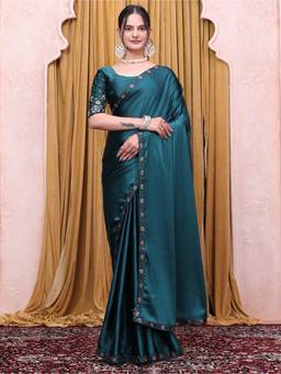 Nyri - Womens Teal Satin Saree with Unstitched Blouse