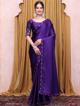 Nyri - Womens Purple Satin Saree with Unstitched Blouse