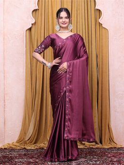 Nyri - Womens Maroon Satin Saree with Unstitched Blouse