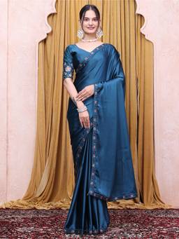 Nyri - Womens Blue Satin Saree with Unstitched Blouse