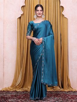 Nyri - Womens Teal Satin Saree with Unstitched Blouse