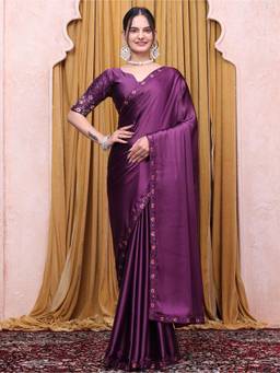 Nyri - Womens Wine Satin Saree with Unstitched Blouse