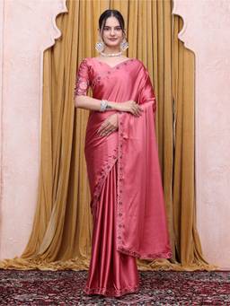 Nyri - Womens Coral Satin Saree with Unstitched Blouse