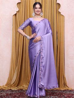 Nyri - Womens Lavender Satin Saree with Unstitched Blouse