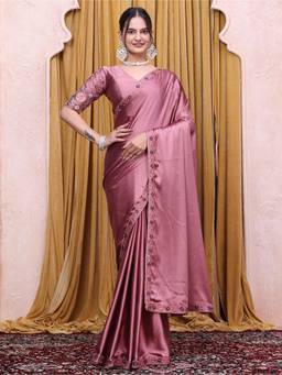 Nyri - Womens Pink Satin Saree with Unstitched Blouse