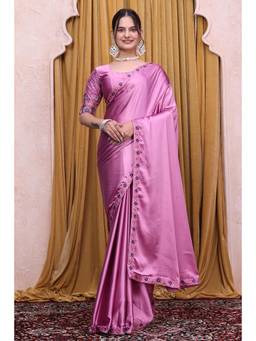 Nyri - Womens Pink Satin Saree with Unstitched Blouse