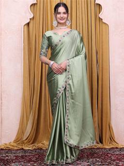 Nyri - Womens Green Satin Saree with Unstitched Blouse