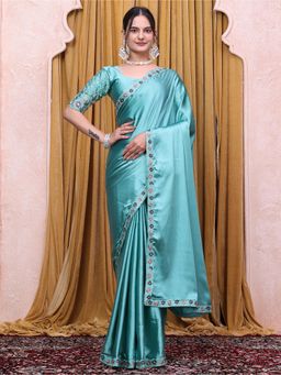 Nyri - Womens blue Satin Saree with Unstitched Blouse