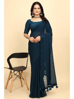 Nyri - Womens Teal Georgette Saree with Unstitched Blouse