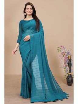 Nyri - Womens Teal Georgette Saree with Unstitched Blouse