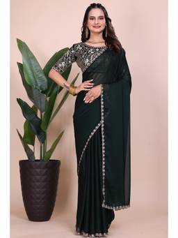 Nyri - Womens Green Georgette Saree with Unstitched Blouse