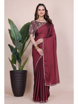 Nyri - Womens Maroon Georgette Saree with Unstitched Blouse