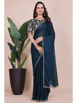 Nyri - Womens Teal Georgette Saree with Unstitched Blouse