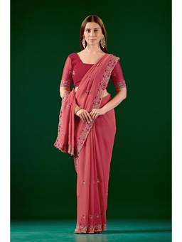 Nyri - Womens Orange Georgette Saree with Unstitched Blouse